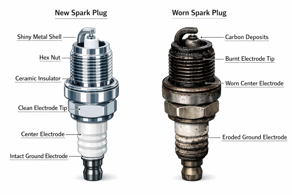comparison between a new spark plug and a worn spark plug showing carbon buildup and electrode wear
