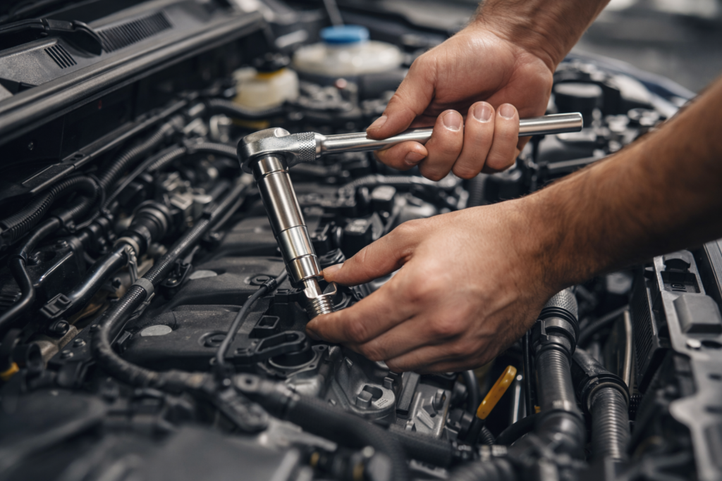 mechanic removing a spark plug from a car engine using a socket wrench