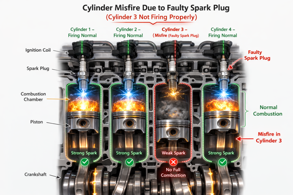 engine misfire diagram showing one cylinder failing to ignite due to a faulty spark plug