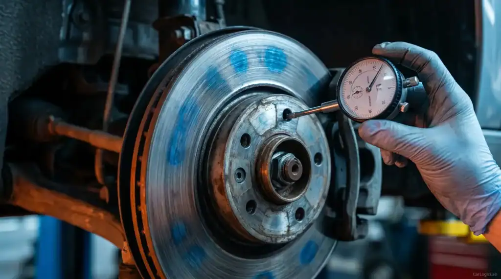 Close-up of a damaged brake rotor with heat spots being measured with a dial indicator to check for warping.