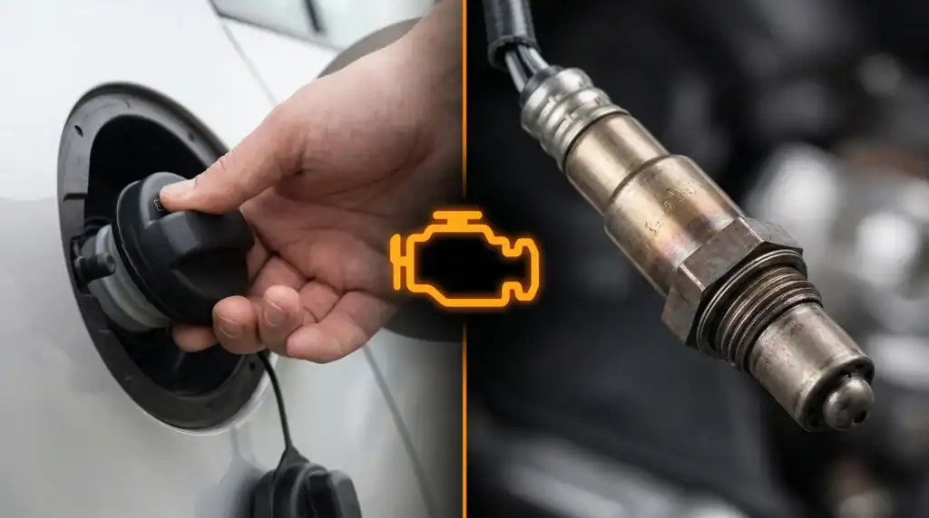 A split-screen comparison of common check engine light triggers: a hand tightening a car gas cap on the left, and a metallic automotive oxygen sensor on the right, with a glowing check engine symbol in the center.