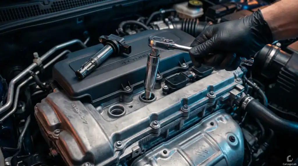 A DIY mechanic using a torque wrench and spark plug socket to change spark plugs on a 4-cylinder car engine.