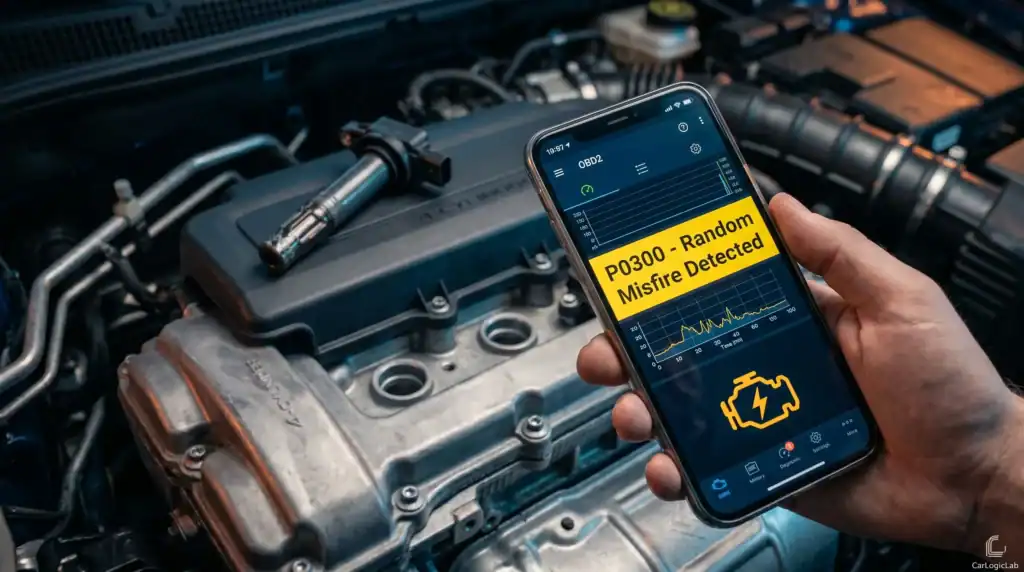 An OBD2 diagnostic scan tool plugged into a car’s dashboard showing a P0300 Random Misfire trouble code, referencing a check engine light diagnosis. and a bad spark plug ta