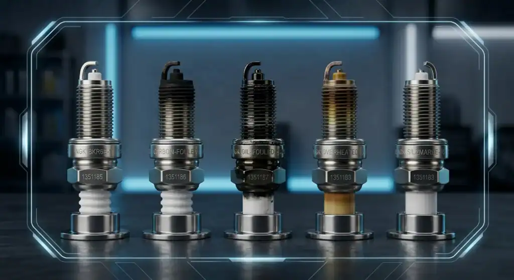 A comprehensive how to read spark plugs diagnostic chart showing various conditions from normal to oil-fouled and overheated to help identify engine health.