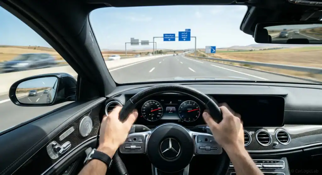 A driver’s hands on a vibrating steering wheel while driving on a highway, illustrating the sensation of poor wheel balancing.