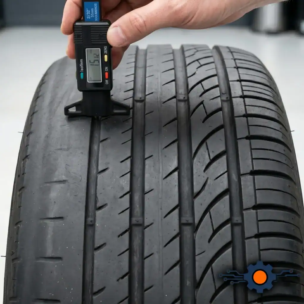 Macro close-up of a car tire showing severe inner edge wear (camber wear) with a digital tread depth gauge displaying a low measurement.